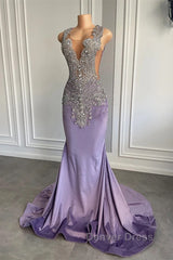 Lilac Mermaid Prom Dresses with Scoop Neckline Sleeveless and Crystal Beadings