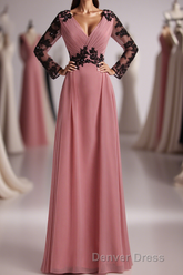 Dusty Pink Chiffon Long Sleeve Mother of the Bride Dresses with Appliques