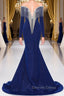 Deep V-neck Shiny Royal Blue Long sleeves Mermaid Prom Dresses