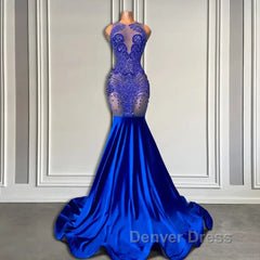 Sleeveless Royal Blue Scoop Neck Mermaid Prom Dresses with Beadings