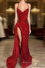 Red Sequins Prom Dresses with Slit Shiny Floor-Length Party Dresses