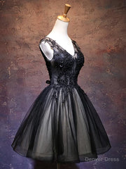 Adorable Black V-neckline Lace and Tulle Party Dress, Short Prom Dress