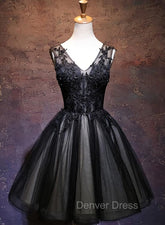 Adorable Black V-neckline Lace and Tulle Party Dresses, Short Prom Dresses