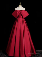 Adorable Burgundy Satin Off the Shoulder Prom Dress