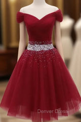 Adorable Dark Red Homecoming Dresses , Tulle Off the Shoulder Party Dresses