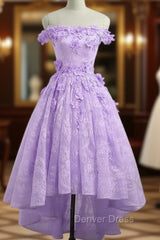 Adorable Lace Light Purple High Low Homecoming Dresses, Cute Sweetheart Prom Dresses