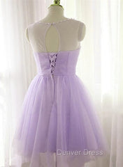 Adorable Light Purple Round Neckline Beaded Short Prom Dresses, Cute Homecoming Dresses