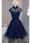 Adorable Navy Blue High Neckline Prom Dress , Wedding Prom Dresses