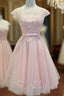 Adorable Pink Knee Length Prom Dress, Lace Applique Cute Homecoming Dresses