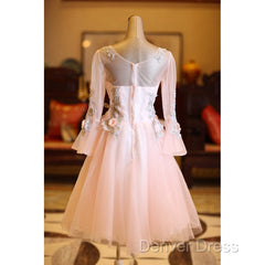 Adorable Pink Tulle Knee Length Long Sleeves Party Dresses, Pink Homecoming Dresses