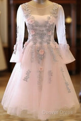 Adorable Pink Tulle Knee Length Long Sleeves Party Dresses, Pink Homecoming Dresses