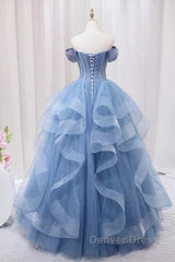 Adult Dresses A-Line Blue Sheer Long Ball Dresses Blue Sweet Dresses Off Shoulder Prom Dresses