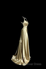 Aesthetic A Line Halter Neckline Champagne Satin Prom Dresses Ruffle Long Party Dresses