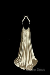 Aesthetic A Line Halter Neckline Champagne Satin Prom Dresses Ruffle Long Party Dresses