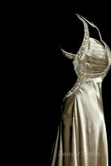 Aesthetic A Line Halter Neckline Champagne Satin Prom Dresses Ruffle Long Party Dresses