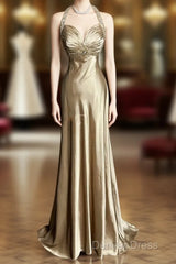 Aesthetic A Line Halter Neckline Champagne Satin Prom Dresses Ruffle Long Party Dresses