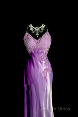 Aesthetic A Line Halter Neckline Lilac Satin Prom Dresses Ruffle Long Party Dresses