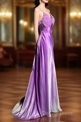 Aesthetic A Line Halter Neckline Lilac Satin Prom Dresses Ruffle Long Party Dresses
