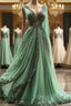 Aesthetic A-Line V Neckline Green Tulle Long Prom Dresses Sweet Beaded Evening Dresses