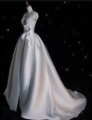 Aesthetic Ball Gown V Neckline Satin White Long Wedding Dresses Brides Dresses