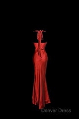 Aesthetic Mermaid Halter Neckline Red Satin Prom Dresses Ruffle Long Party Dresses