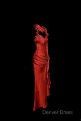 Aesthetic Mermaid Halter Neckline Red Satin Prom Dresses Ruffle Long Party Dresses