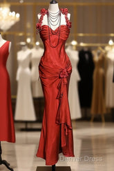 Aesthetic Mermaid Halter Neckline Red Satin Prom Dresses Ruffle Long Party Dresses