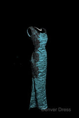 Aesthetic Mermaid Square Neckline Blue Taffeta Prom Dresses Ruffle Long Party Dresses