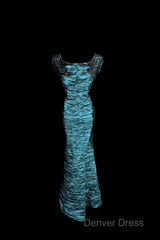 Aesthetic Mermaid Square Neckline Blue Taffeta Prom Dresses Ruffle Long Party Dresses