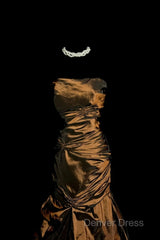 Aesthetic Mermaid Strapless Neckline Brown Taffeta Prom Dresses Ruffle Long Party Dresses