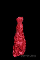 Aesthetic Mermaid Strapless Neckline Red Taffeta Prom Dresses Ruffle Long Party Dresses