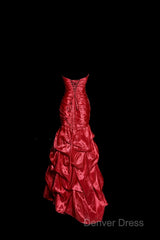 Aesthetic Mermaid Strapless Neckline Red Taffeta Prom Dresses Ruffle Long Party Dresses
