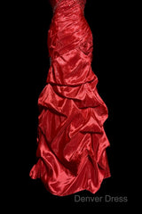 Aesthetic Mermaid Strapless Neckline Red Taffeta Prom Dresses Ruffle Long Party Dresses