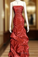 Aesthetic Mermaid Strapless Neckline Red Taffeta Prom Dresses Ruffle Long Party Dresses