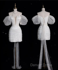 Aesthetic Sheath Off The Shoulder White Sequin Short Wedding Dresses Brides Dresses