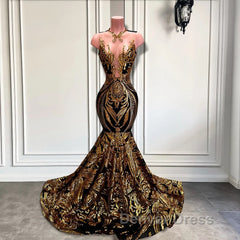 Long Sleeveless Mermaid Prom Dresses with Gold Sequins