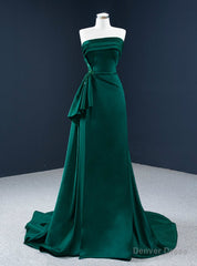 Affordable A-Line Dark Green Satin Strapless Pleats Beading Prom Dress