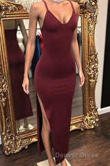 Affordable Long Mermaid Sleeveless V-neck Prom Dresses with Slit