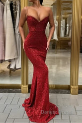 Affordable Sheath Sequins Long Cheap Prom Dresses | Spaghetti Straps Sexy Evening Dresses