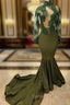 African Mermaid Green Sheer Corset Long Sleeves Prom Dresses