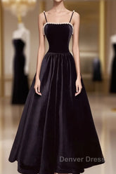 Aline Black Velvet Long Prom Dresses, Black Formal Graduation With Beading