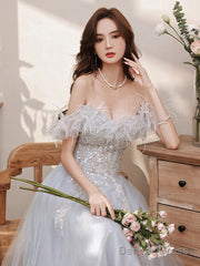 Aline Gray Long Prom Dresses, Gray Formal Graduation With Sequin Beading