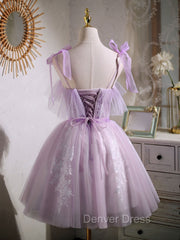 Aline Lace Short Purple Prom Dresses, Puffy Purple Homecoming Dresses