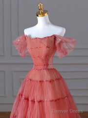 Aline Off Shoulder Long Prom Dresses, Red Formal Graduation Dress With Beading Sequin