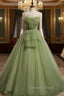 Aline Tulle Green Long Prom Dresses, Green Formal Graduation Dresses with Beading