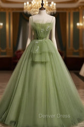 Aline Tulle Green Long Prom Dresses, Green Formal Graduation Dresses with Beading