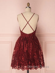 Aline v neck tulle lace short burgundy prom Dresses, backless burgundy homecoming Dresses