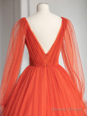 Aline V Neck Tulle Orange Long Prom Dress, Orange Formal Party Dress