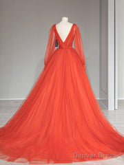 Aline V Neck Tulle Orange Long Prom Dress, Orange Formal Party Dress
