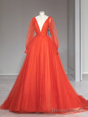 Aline V Neck Tulle Orange Long Prom Dress, Orange Formal Party Dress